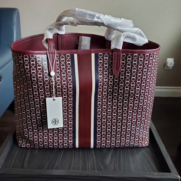 Tory Burch Burgundy and Cream Women's Tote Bag - Picture 1 of 6